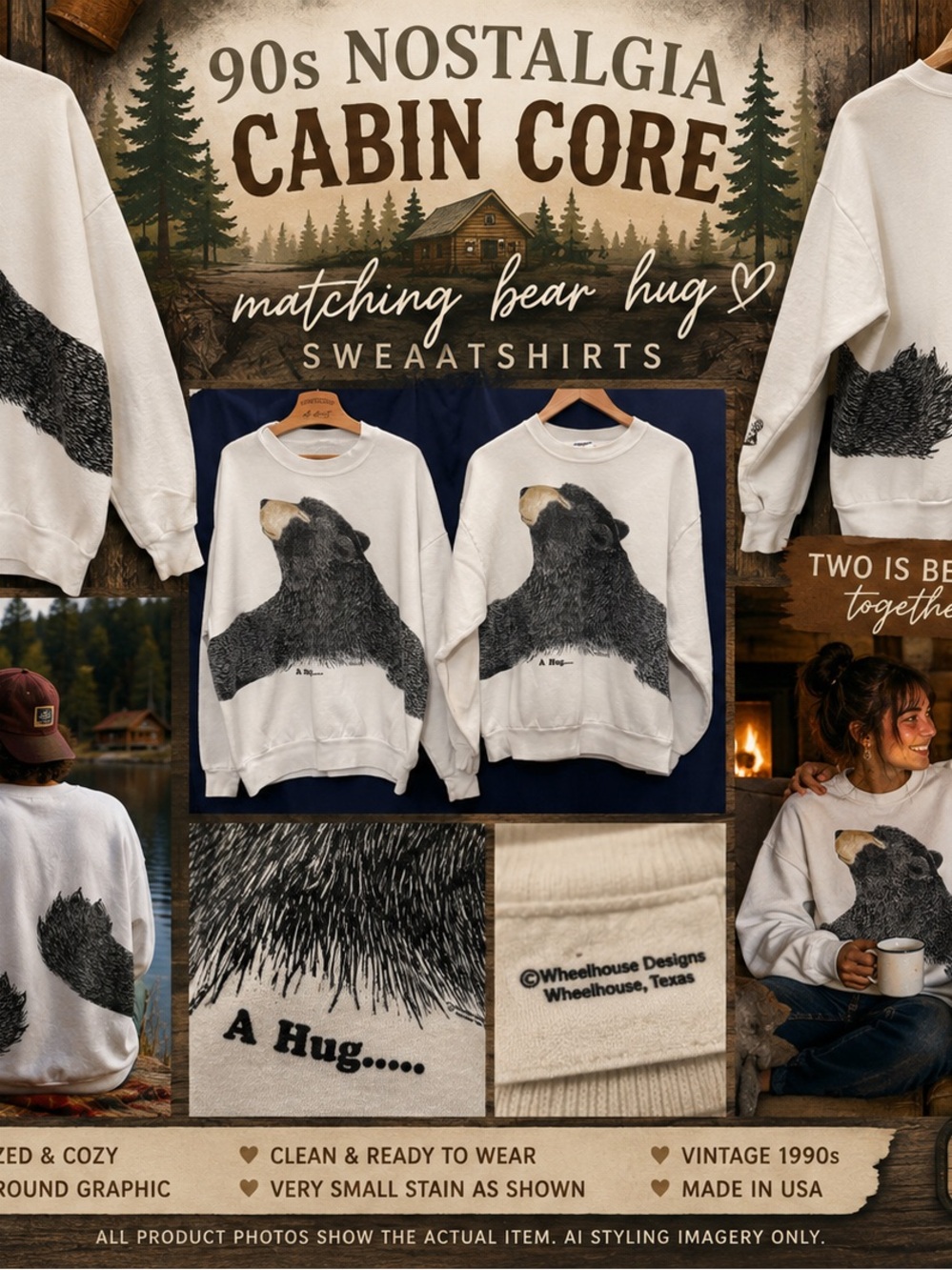 VTG 90s Matching Bear Hug Wrap Around Sweatshirts 2 Oversized Cabin His & Hers